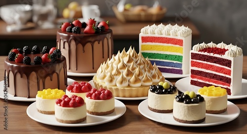 Colorful Assorted Cakes and Berry Desserts Arranged on Wooden Table