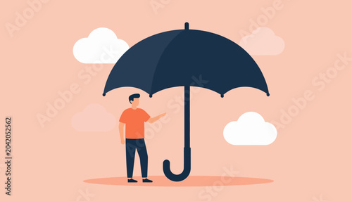 Foto A man seeking robust protection under a large umbrella, symbolizing comprehensiv