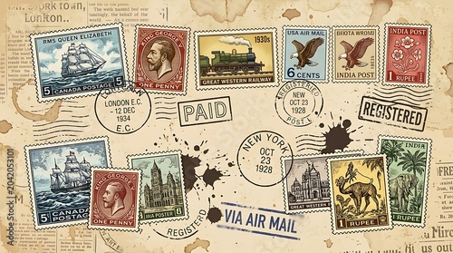 Vintage Postage Stamp Collection Arranged on Aged Travel Envelope Background
