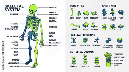 Bild auf Leinwand Human Skeletal System Anatomy Diagram: Bones, Joints, and Functions