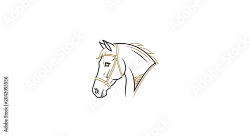Minimalist horse head profile line art drawing with bridle