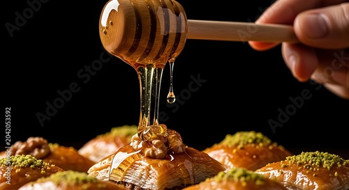 Golden Honey Drizzling From Wooden Dipper Onto Baklava Pastry in Dark Studio Setting