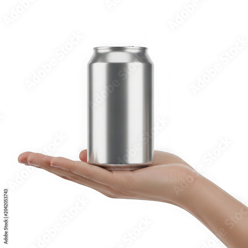 Silver aluminum soda can mockup held on open palm over transparent background for branding and carbonated drink packaging.