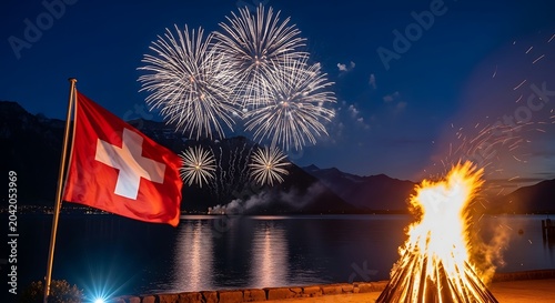 Fireworks exploding over lake at dusk with Swiss flag and bonfire in foreground