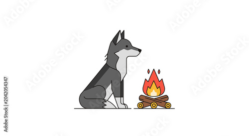 Obraz na plátně Lone wolf sitting by campfire, vector illustration, white background