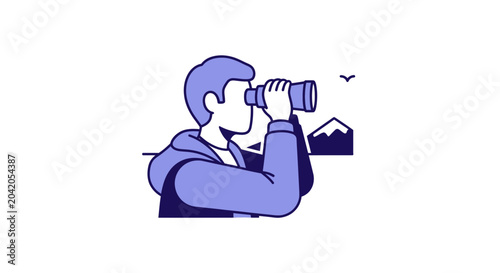 Foto Man with Binoculars Looking at Distant Mountains, Exploring Future, Vision