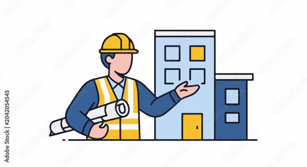 Fototapeta premium Construction worker with blueprints pointing at a building