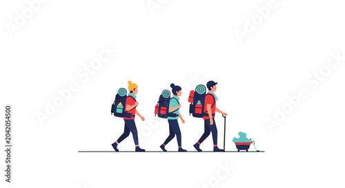Billede på lærred Group of hikers with backpacks walking on white background, adventure, travel