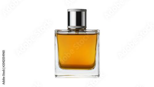 Fotografija Square glass perfume bottle with amber liquid and silver cap