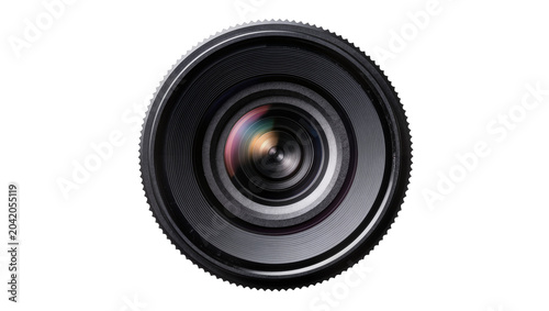 Foto Camera lens front view with aperture blades and glass elements