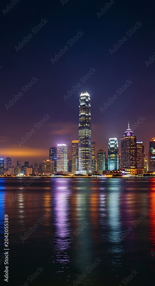 Obraz premium Illuminated Modern Skyscraper Skyline Reflecting on Harbor Water at Night