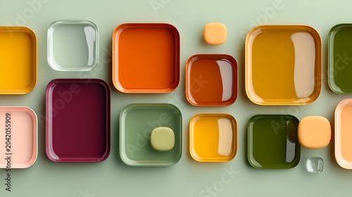A collection of colorful, modern square plates in various sizes and shades arranged neatly