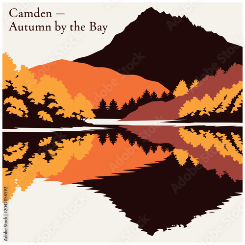 Camden Autumn by the Bay Vintage Vector Art Poster, Scenic Mountain Landscape with Fall Foliage Reflection