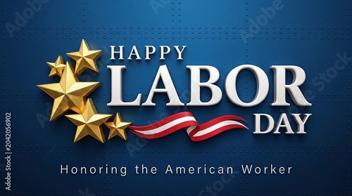 Happy labor day greeting card with gold stars and red ribbon