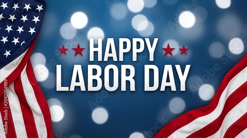 Happy labor day greeting card with american flag and bokeh background