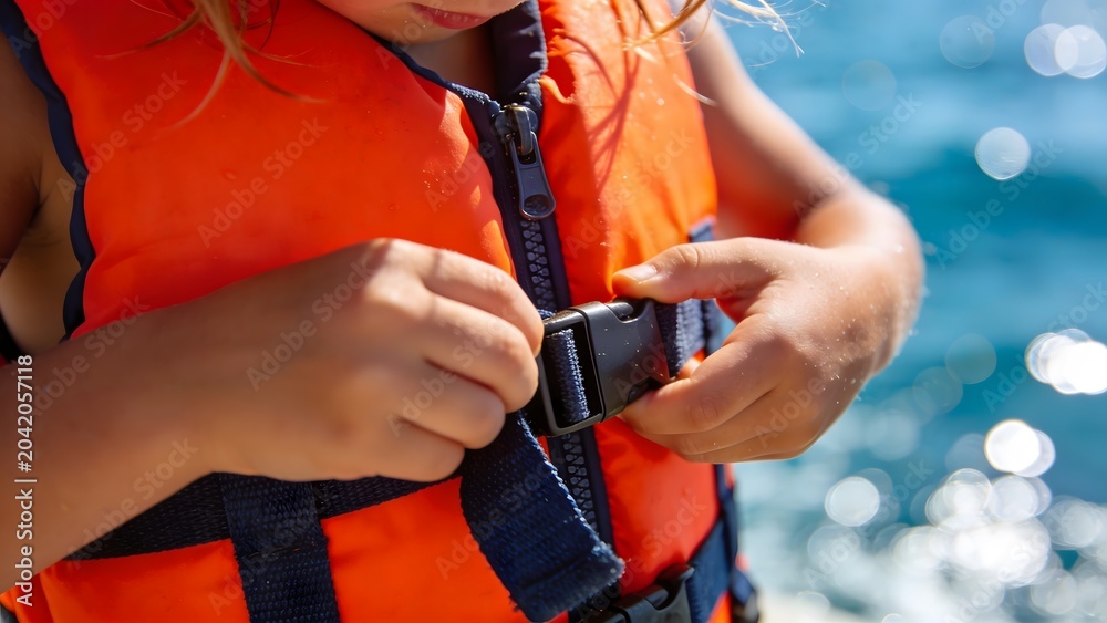 Obraz premium Close-up of a child's hands fastening the buckle of a bright orange life jacket, promoting water safety awareness, drowning prevention, and the importance of protective gear for sea activities.