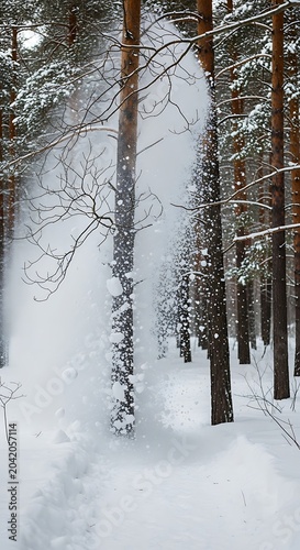 Tall Pine Trees Standing in Snowy Winter Forest