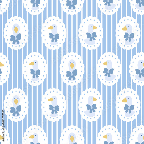Seamless goose pattern with blue striped background, lace oval frames.