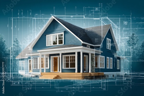 A beautiful blue house is visualized with architectural blueprints overlayed. The house features a welcoming porch and classic design, suggesting construction or design process