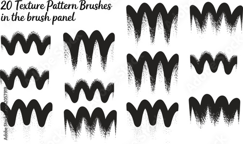 Tableau sur toile Collection of twenty hand drawn black ink texture brushes displaying expressive wavy strokes on a bright digital workspace