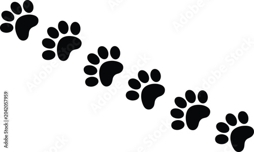Cuadro en lienzo Cute black animal paw print trail walking diagonally across a bright white studio background in a clean silhouette