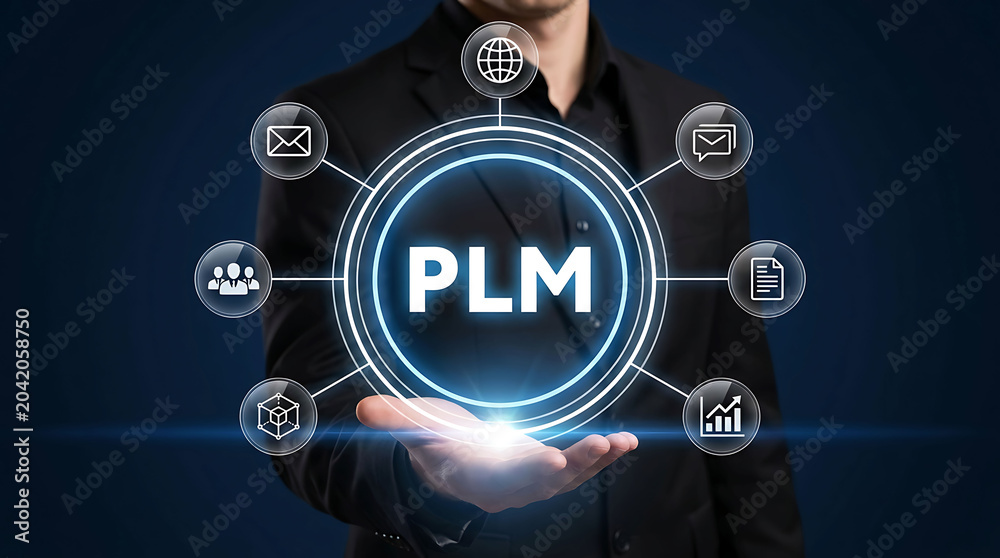 Fototapeta premium Businessman presenting PLM Product Lifecycle Management digital virtual interface concept