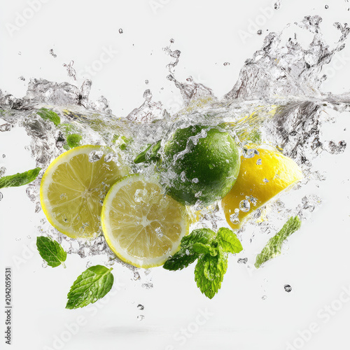 Fresh lemon and lime slices splashing in water with mint leaves
