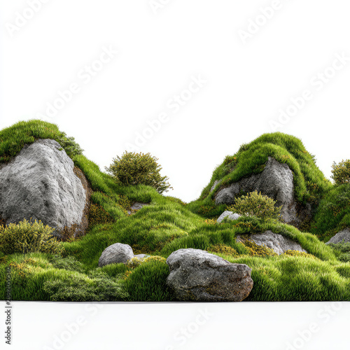 Green grass covering rocky hill with small bushes
