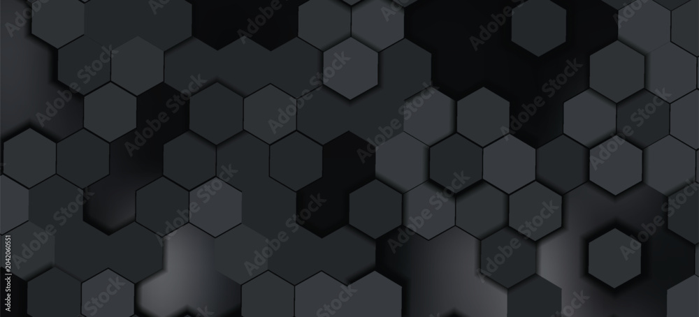 Obraz premium Abstract dark hexagon geometry background. 3d illustration of simple primitives with six angles in front.