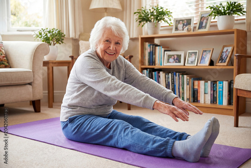 An elderly woman practices yoga in a cozy room, looks into the camera, and smiles