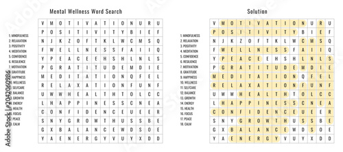 Mental wellness word search puzzle game with answer key and solution included