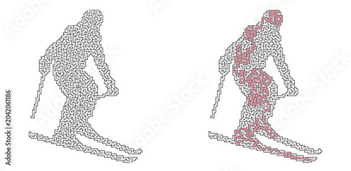 Photography Downhill skier labyrinth with answer