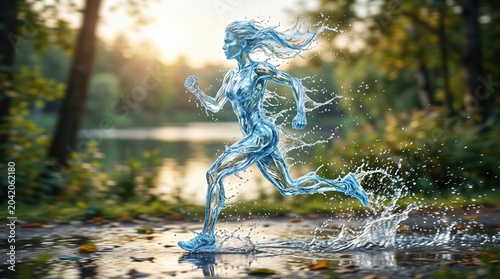 Woman runs through a park while water splashes around her during sunset in a natural setting