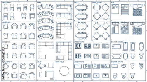 Architectural symbols and furniture icons on transparent background vector illustration for interior design.