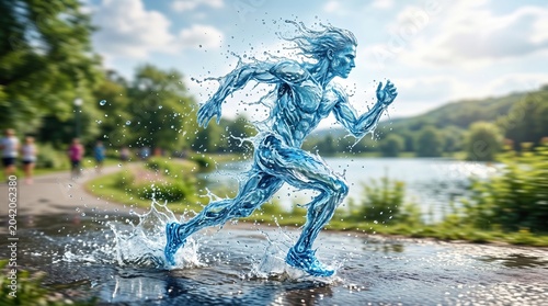 Running figure made of water in a park near a lake during daytime