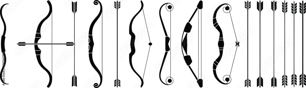 Fototapeta premium bow comparison set of archery silhouettes arrows and parts