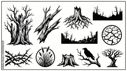 Goth Creepy Dead Forest Landscape and Dry Nature Vector Set