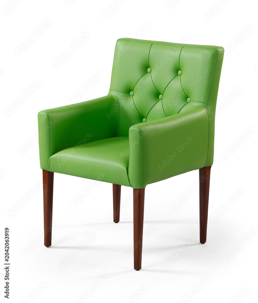Obraz premium Elegant lime green leather armchair with a classic tufted button backrest and dark wooden legs, isolated on a white background.