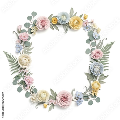 Elegant Pastel Floral Wreath with Greenery on White Background.