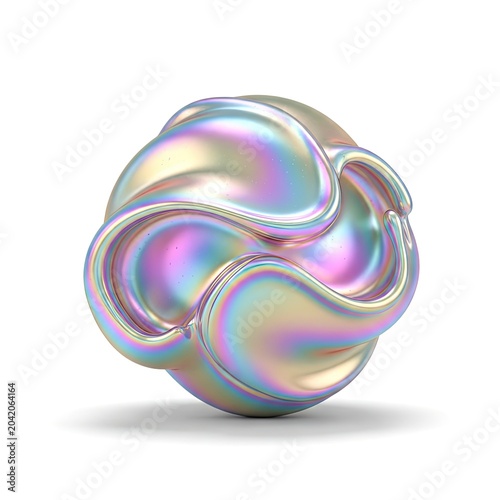 Iridescent Abstract Sphere with Swirling Forms on White Background.