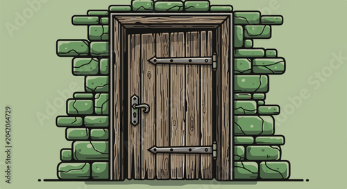 Rustic wooden door set into a mossy stone wall with metal hinges
