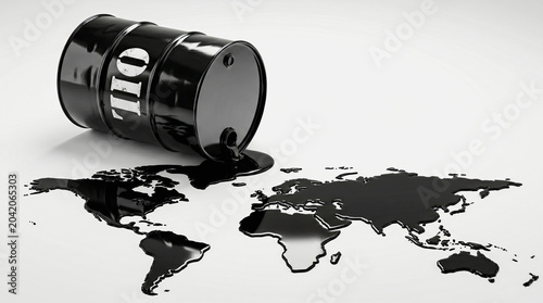 A conceptual 3D render on a clean white background. A black oil drum, black oil spilling out. oil forms a large puddle that takes the shape of a world map.