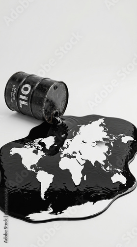 A conceptual 3D render on a clean white background. A black oil drum, black oil spilling out. oil forms a large puddle that takes the shape of a world map.