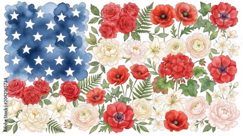 Patriotic american flag pattern created with watercolor blue stars and realistic blooming flowers on white transparent base.