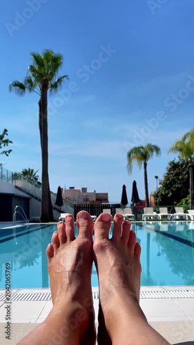 relaxing poolside view of feet on lounger with palm trees, summer vacation concept, vertical video