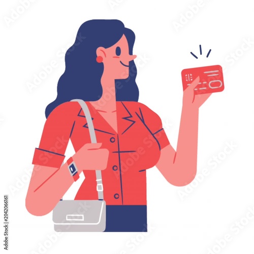 Animated cartoon woman holding a credit card and handbag, representing shopping, digital payment, consumer spending and retail purchases.