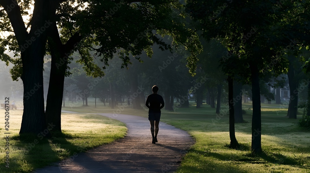 Obraz premium A person walks along a sunlit path through a green park creating a serene and reflective mood