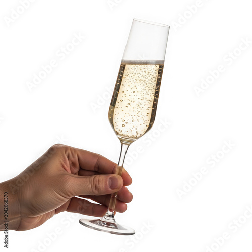 Hand holding champagne flute with bubbly drink and bubbles, celebration beverage, clear background.