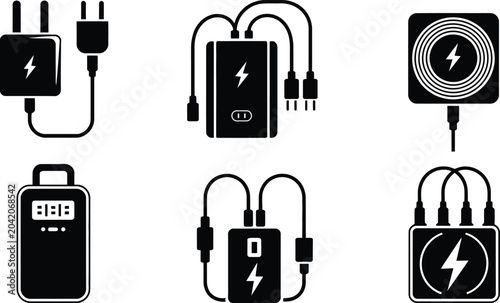 Phone battery charger and power bank icons vector