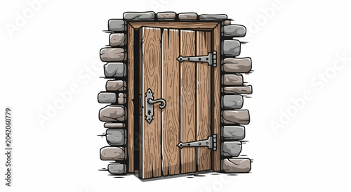 Rustic wooden door with metal hinges set in stone wall